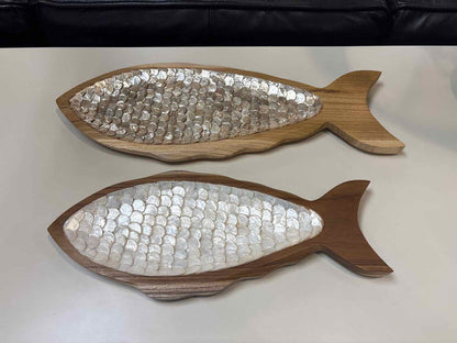 Set of Two Carved Teak Fish With Capiz Detail