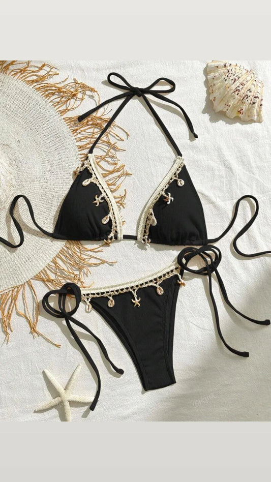Shell Charm Crochet Bikini Set Black