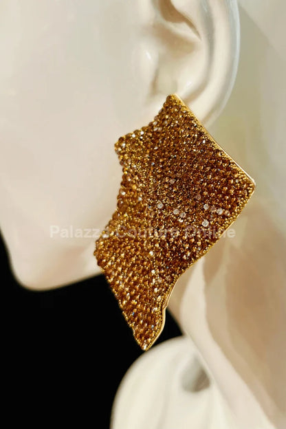 Shimmer Wave Rhinestone Earrings – Gold Flag Style