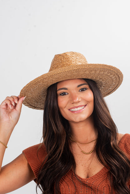 Beachside Charm Tan Straw Fedora Wide Brim Hat