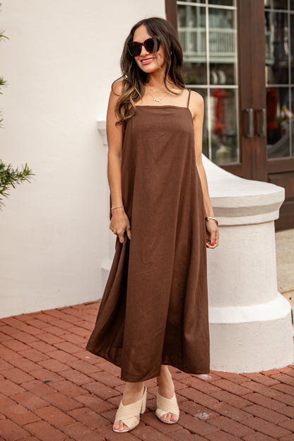 Balcony Moment Brown Linen Midi Dress