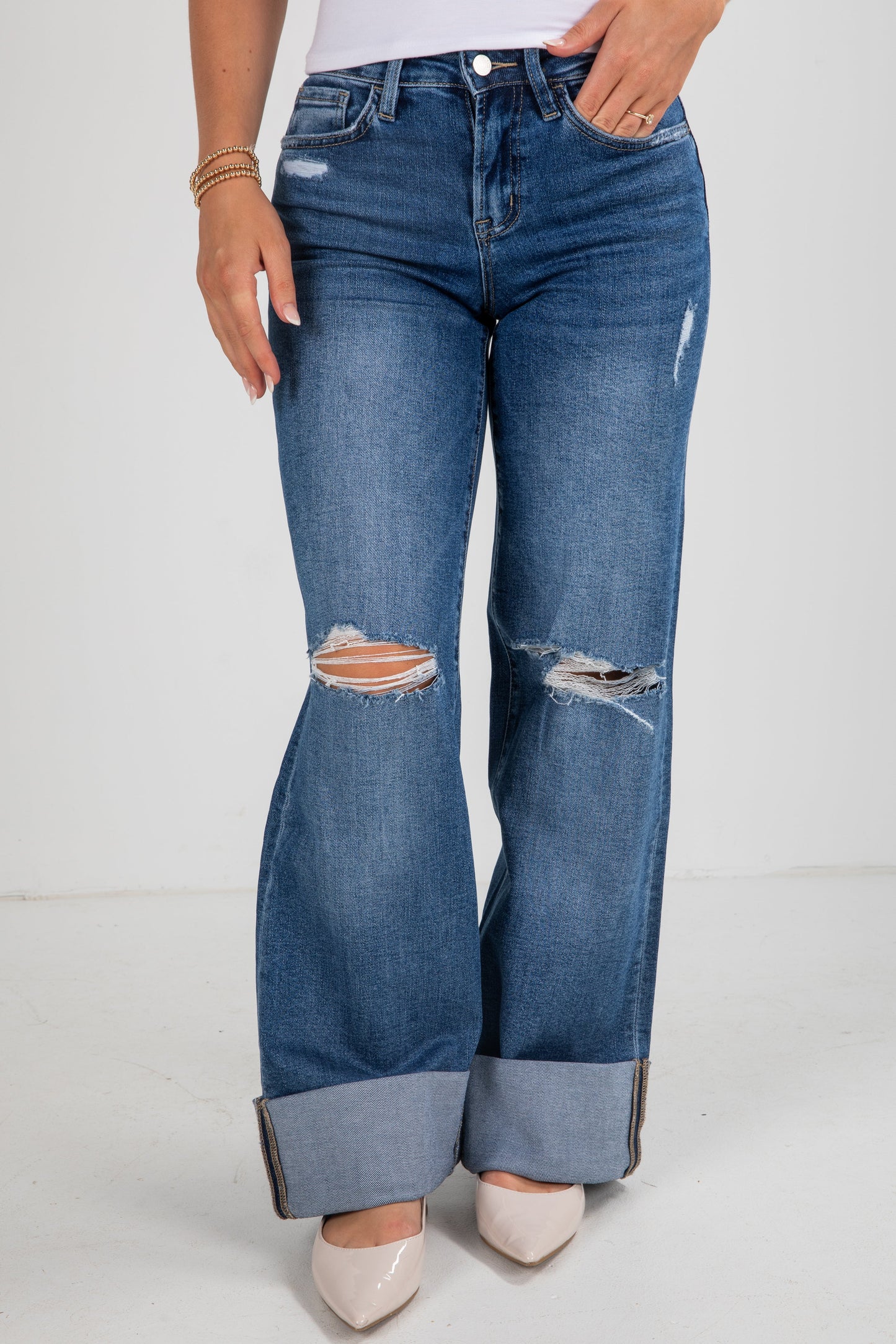 Audrey Medium Wash High-Rise Cuffed Wide Leg Jeans