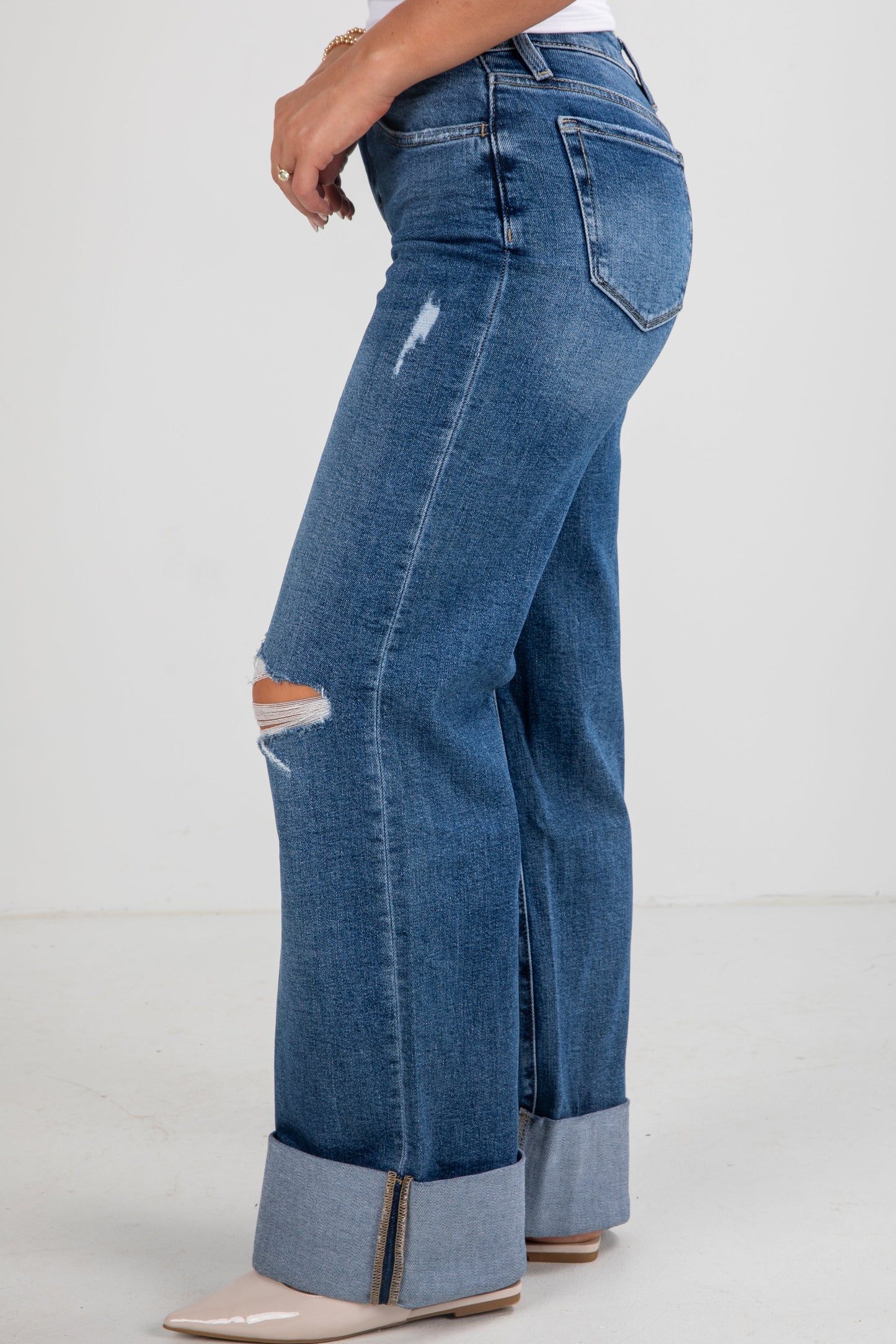 Audrey Medium Wash High-Rise Cuffed Wide Leg Jeans