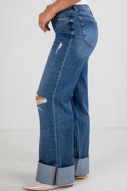 Audrey Medium Wash High-Rise Cuffed Wide Leg Jeans