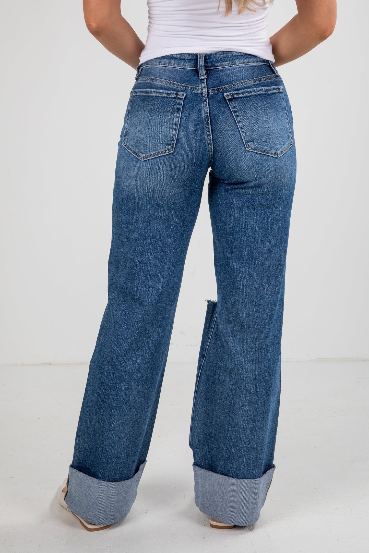 Audrey Medium Wash High-Rise Cuffed Wide Leg Jeans