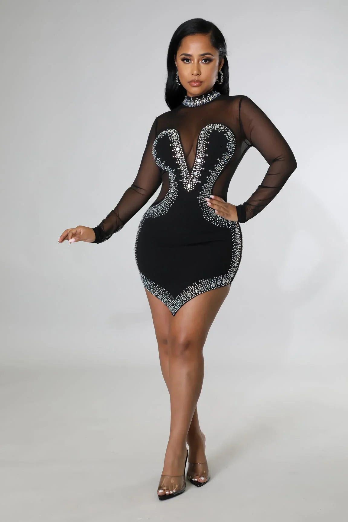 Silhouette Nights Black Rhinestone Dress with Sheer Details