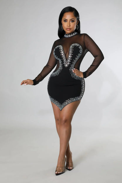 Silhouette Nights Black Rhinestone Dress with Sheer Details