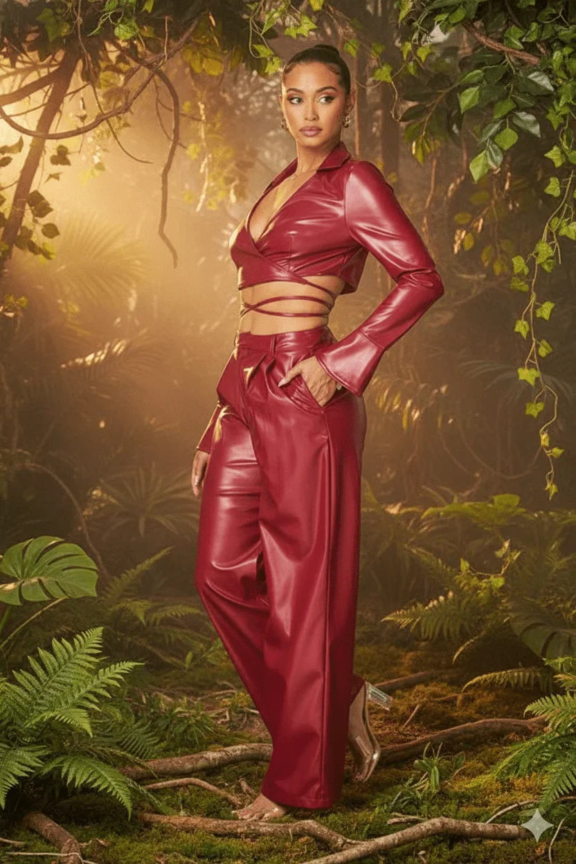 Sleek Edge Faux Leather Wrap Jacket Set - Burgundy