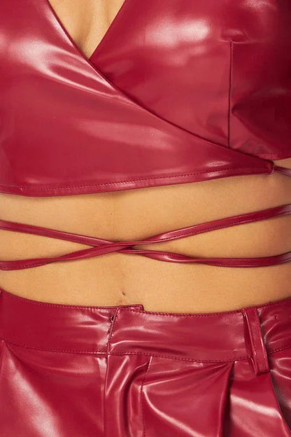 Sleek Edge Faux Leather Wrap Jacket Set - Burgundy