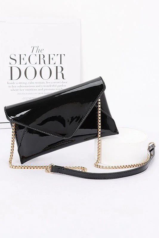 Sleek Enamel Envelope Clutch - Black