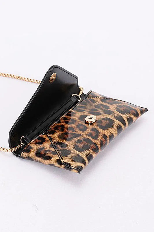 Sleek Enamel Envelope Clutch - Leopard