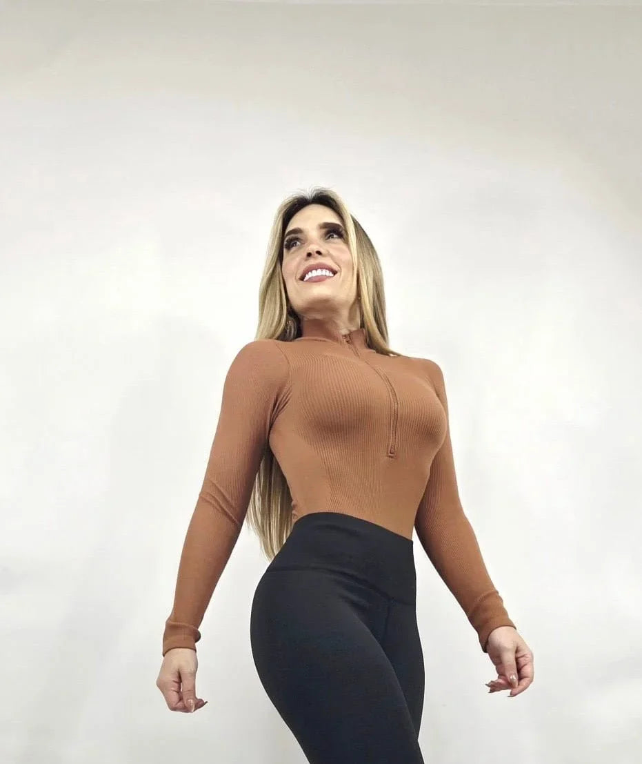 Sleek Ribbed High-Neck Bodysuit (Gingerbread)