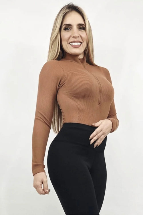 Sleek Ribbed High-Neck Bodysuit (Gingerbread)
