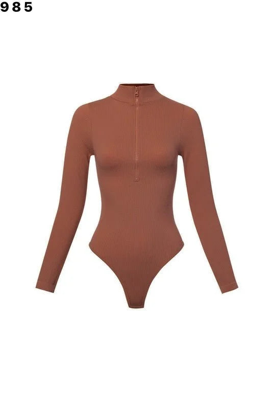 Sleek Ribbed High-Neck Bodysuit (Gingerbread)