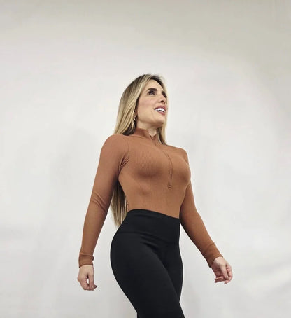 Sleek Ribbed High-Neck Bodysuit (Gingerbread)