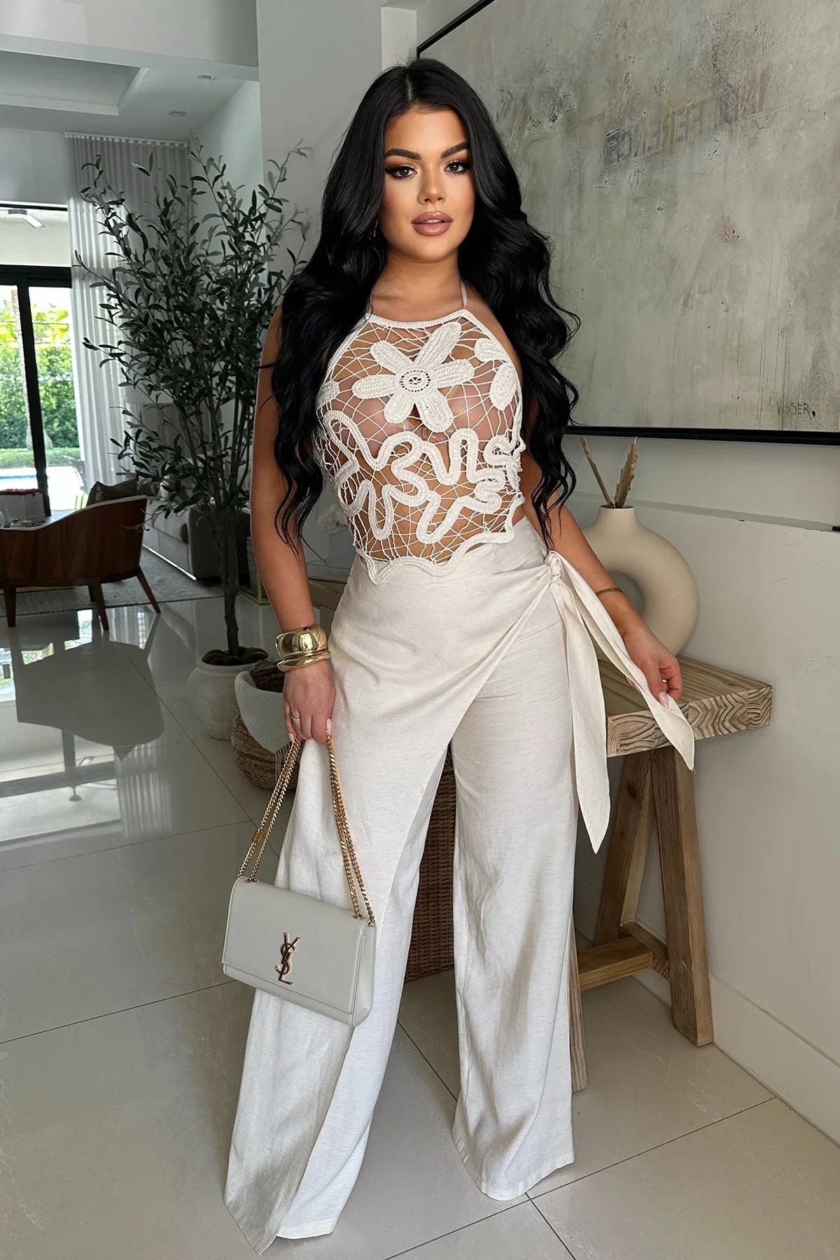Soléa Bloom Floral Crochet Pant Set – Nude