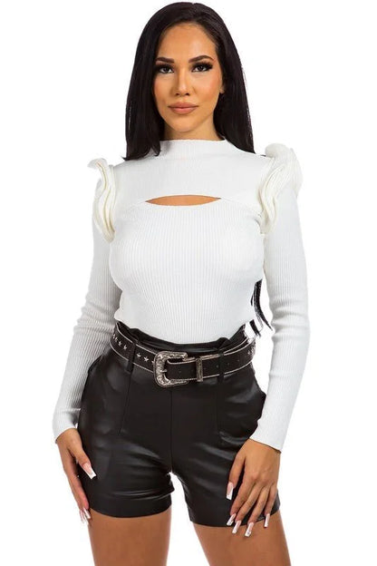 Sophya White Knit Top with Ruffles and Long Sleeves