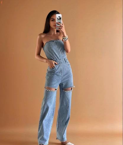 Sparkle Trim Strapless Denim Jumpsuit - Light Wash