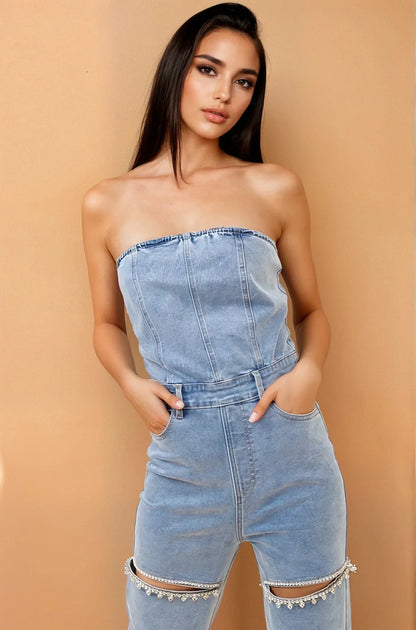 Sparkle Trim Strapless Denim Jumpsuit - Light Wash