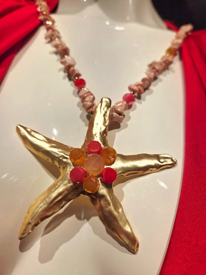 Sparkling Starfish Gemstone Necklace in Pink Gold