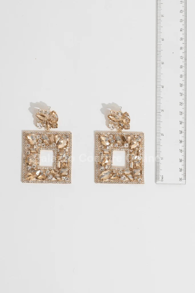 Square Dangle Earrings with Multi Stone Crystal Embellishments