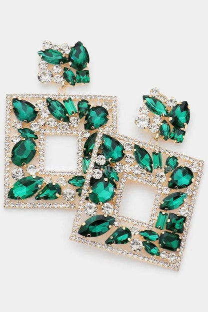 Square Dangle Earrings with Multi Stone Crystal Embellishments