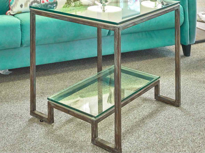 Square Glass Top Side Table with Rustic Pewter Metal Base