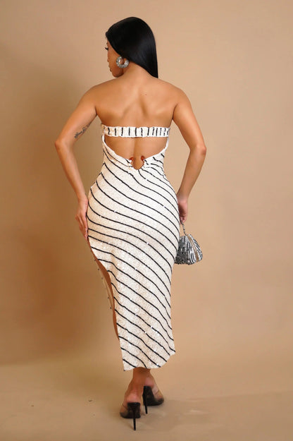 Starlight Sequin Stripe Knit Midi Dress - Cream / Black