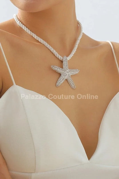 Statement Metal Starfish Rope Chain Necklace (Silver)