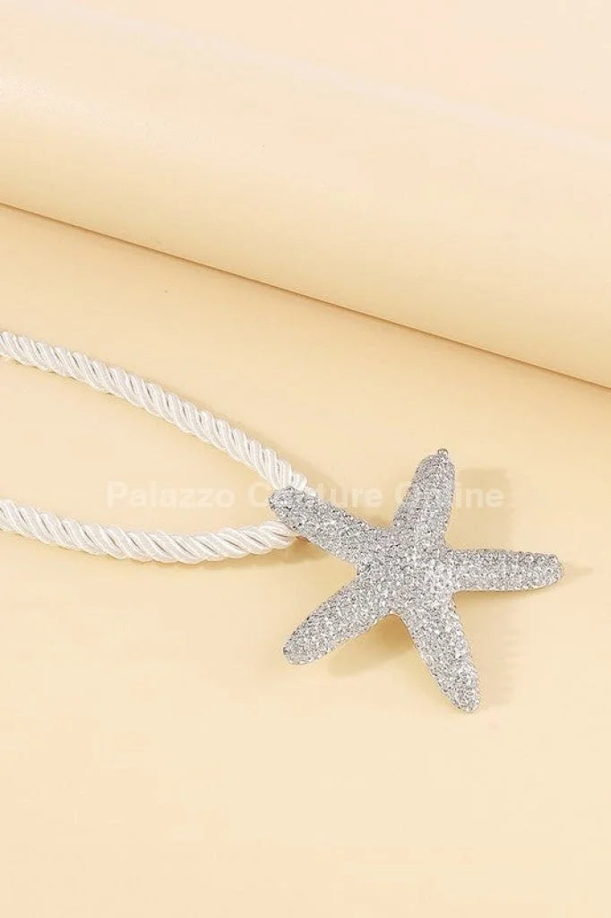 Statement Metal Starfish Rope Chain Necklace (Silver)