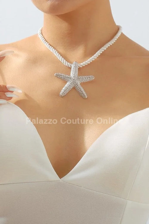 Statement Metal Starfish Rope Chain Necklace (Silver)