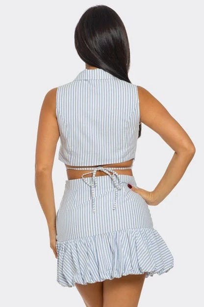 Striped Chic Vest Skirt Set
(Blue)