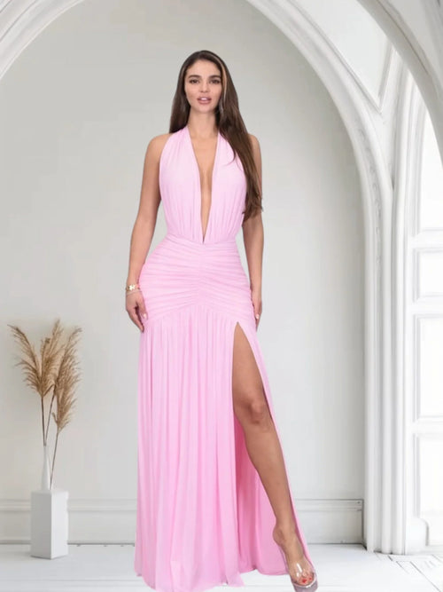 Sultry Plunge Halter Maxi Dress - Baby Pink