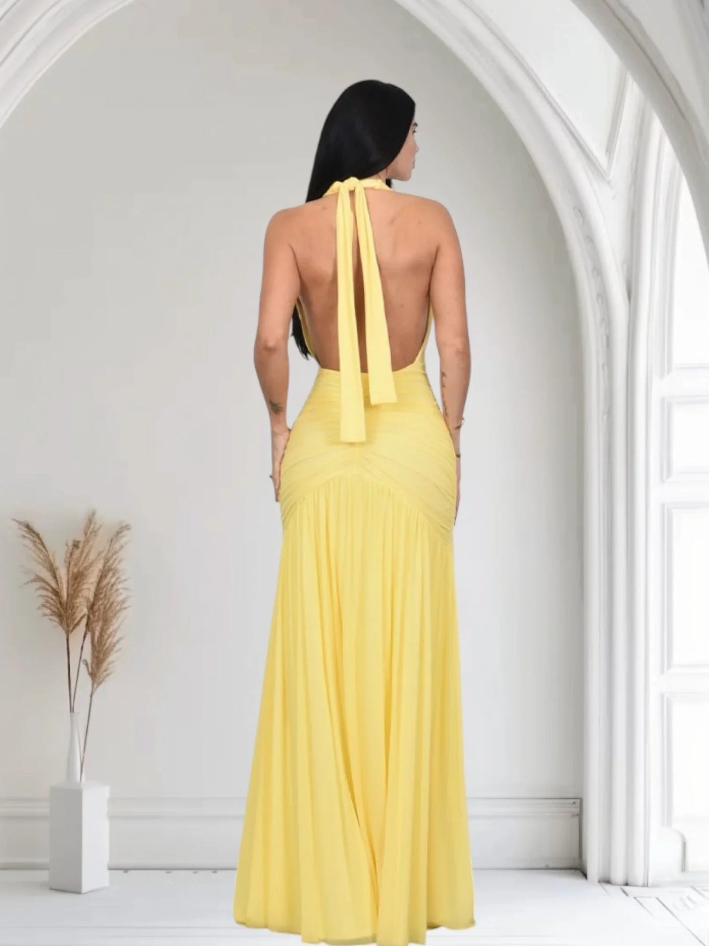 Sultry Plunge Halter Maxi Dress - Lemon Yellow