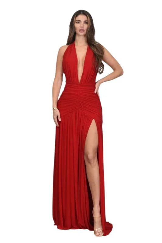 Sultry Plunge Halter Maxi Dress - Red