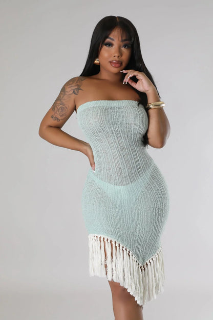 Summers In Cannes Fringe Knit Dress with Tube Silhouette