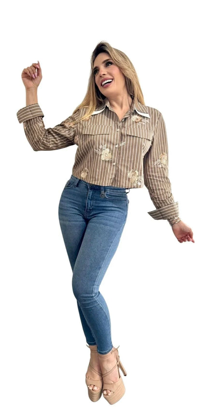 Sun Bloom Striped Cropped Blouse