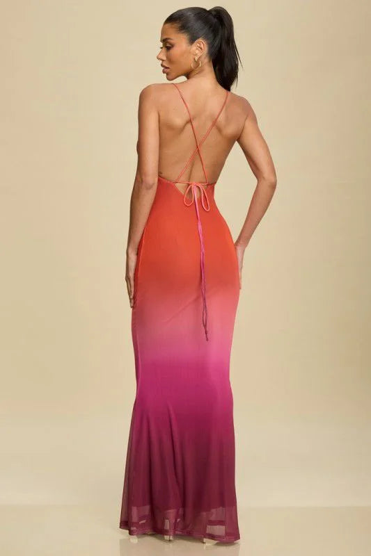Sunset Mirage Mesh Maxi Dress - Rust/Plum