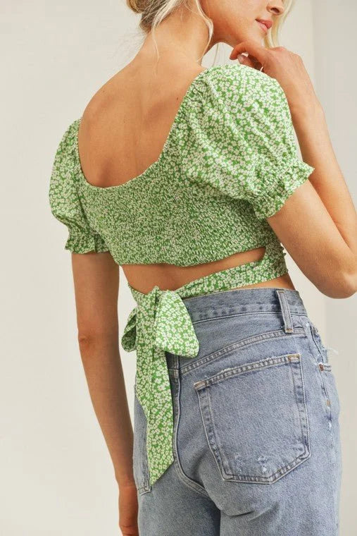 Sweet Angel Green Crop Top with Floral Print and Puff Sleeves