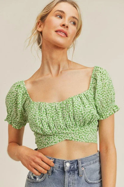 Sweet Angel Green Crop Top with Floral Print and Puff Sleeves