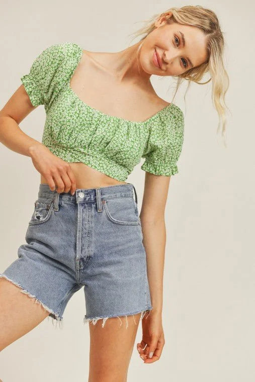 Sweet Angel Green Crop Top with Floral Print and Puff Sleeves