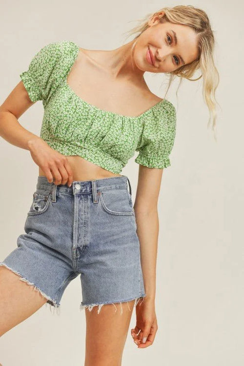 Sweet Angel Green Crop Top with Floral Print and Puff Sleeves