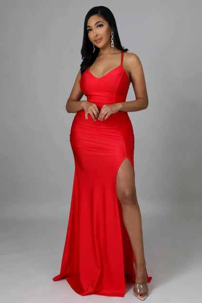 Sweet Dreams Red Maxi Dress with Ruched Cutout Detail