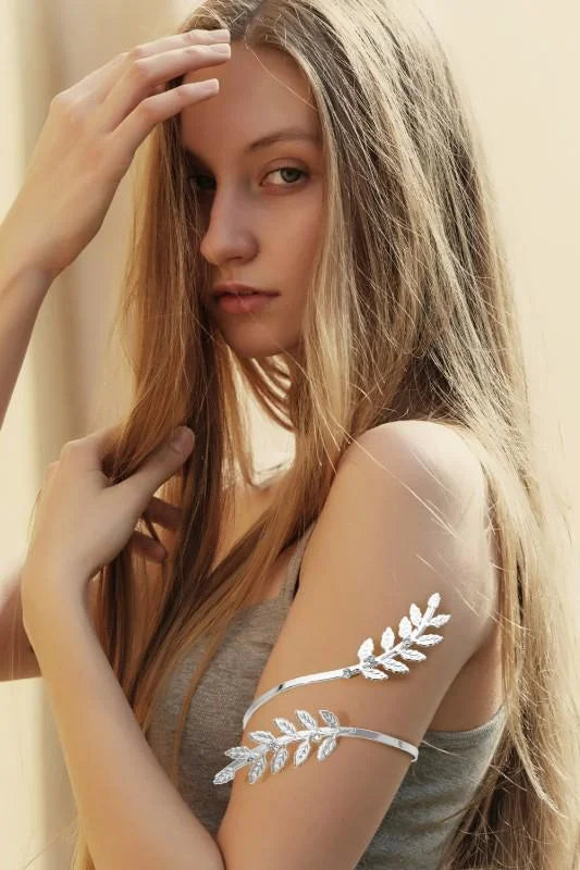 Textured Leaf Vine Arm Cuff Bracelet - Silver