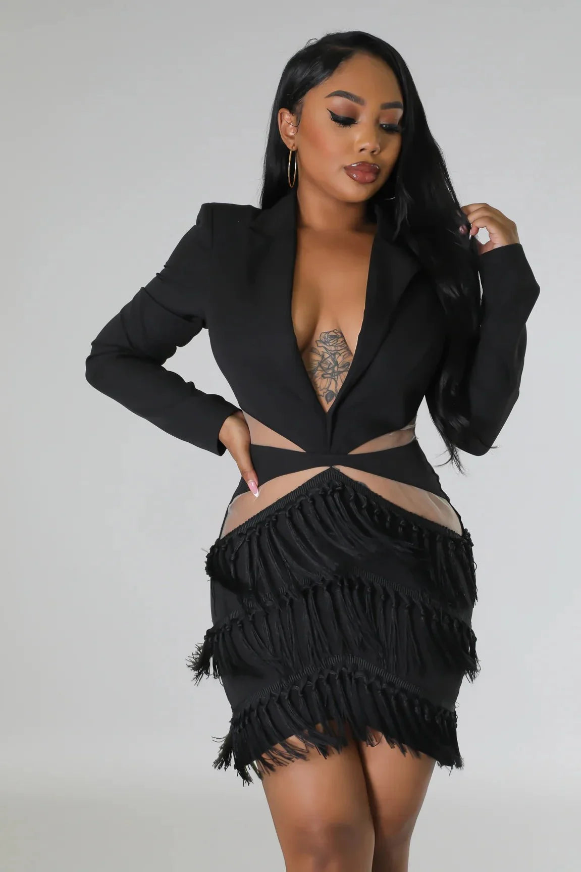 Tialeigh Black Fringe Dress with Sheer Cutout Details
