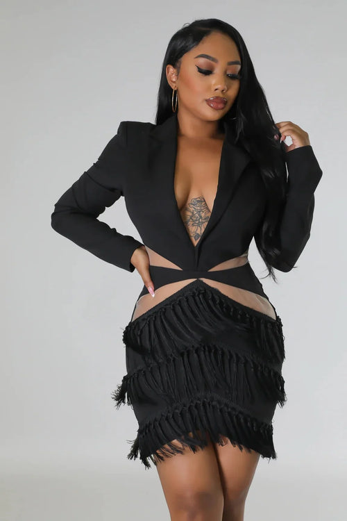 Tialeigh Black Fringe Dress with Sheer Cutout Details