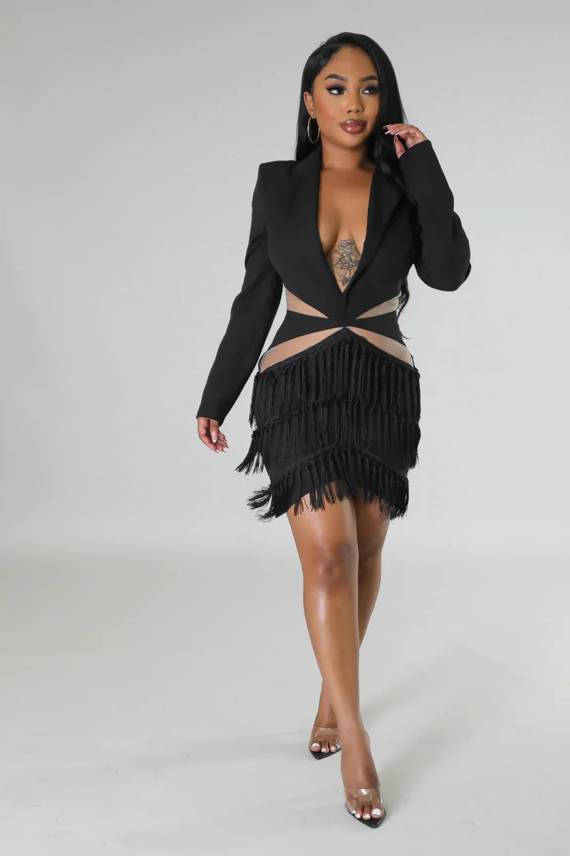 Tialeigh Black Fringe Dress with Sheer Cutout Details