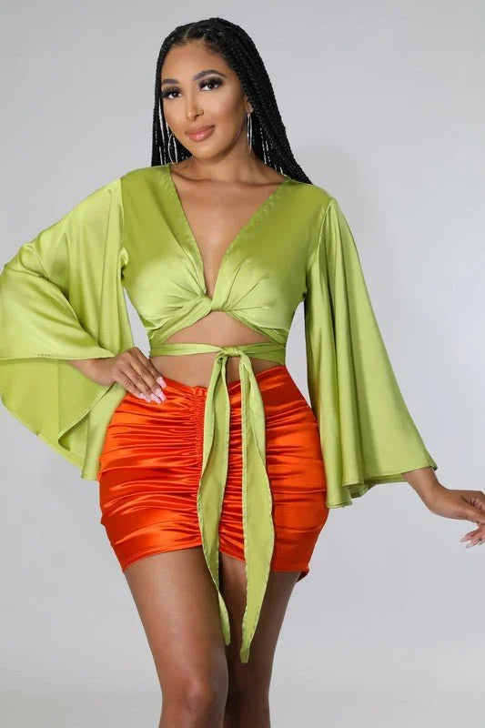 Tie Front Satin  Blouse (Kiwi)