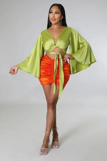 Tie Front Satin  Blouse (Kiwi)