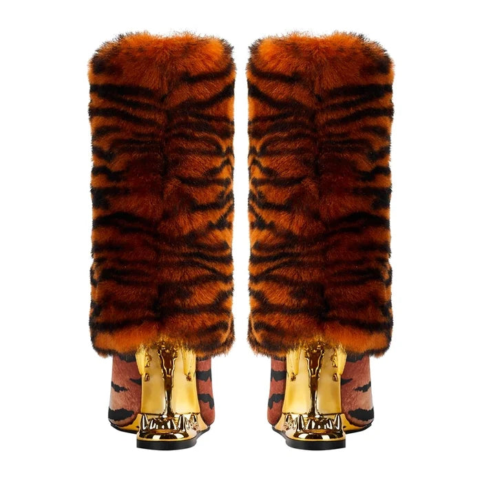 Tiger Print Fang High Heel Ankle Boots